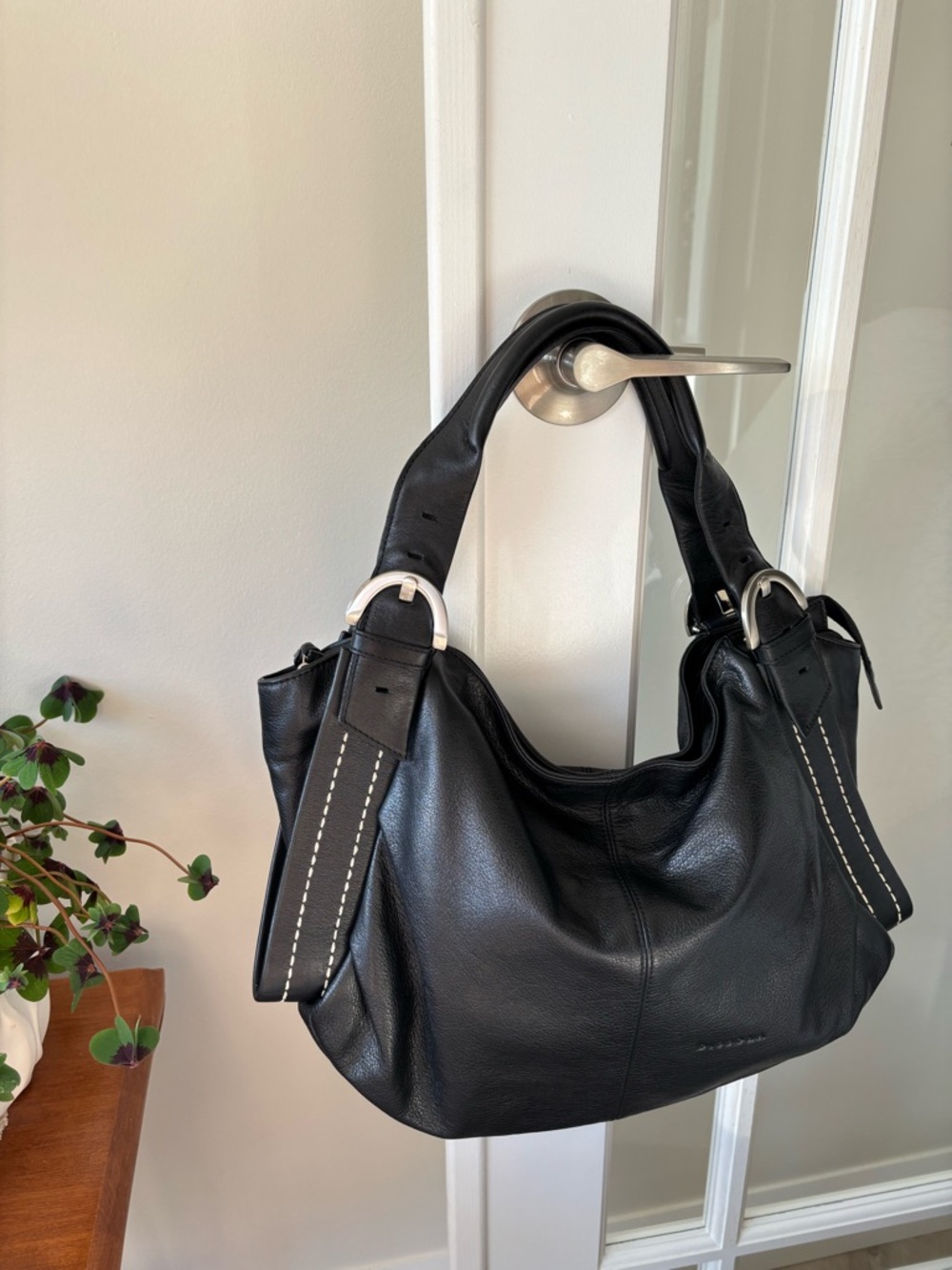 Black Leather Shoulder Hobo with Contrast Stitching